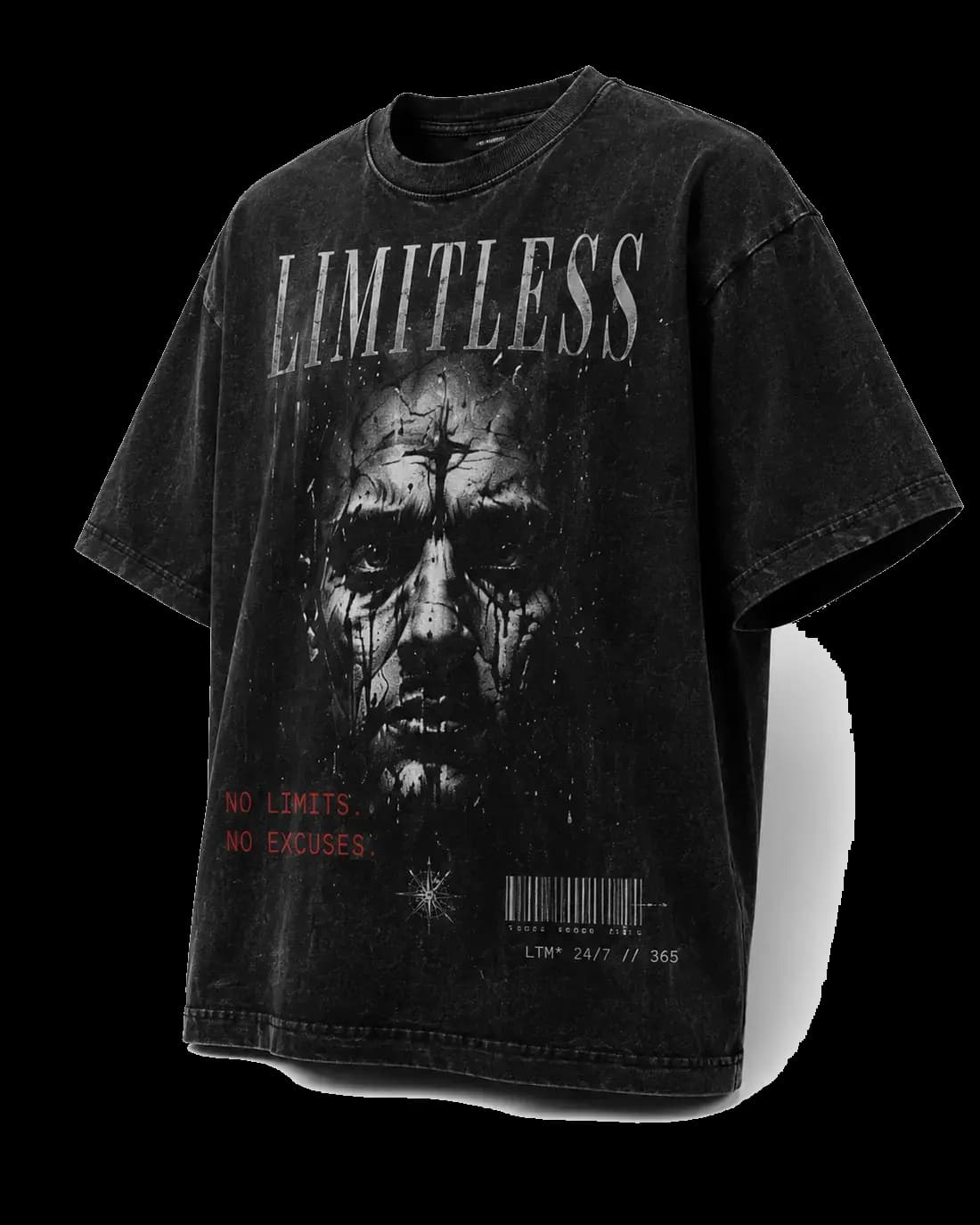 Тениска Limitless Built From Pain — oversized washed black с принт на каменно лице