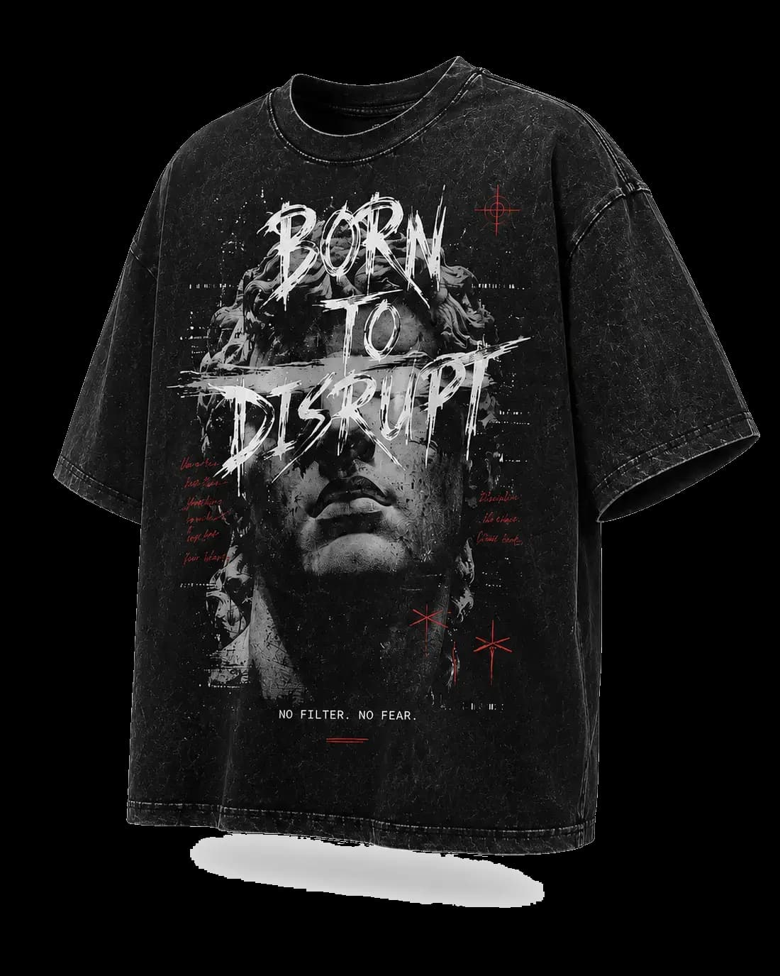 Тениска Limitless Born To Disrupt — oversized washed black с принт на каменно лице