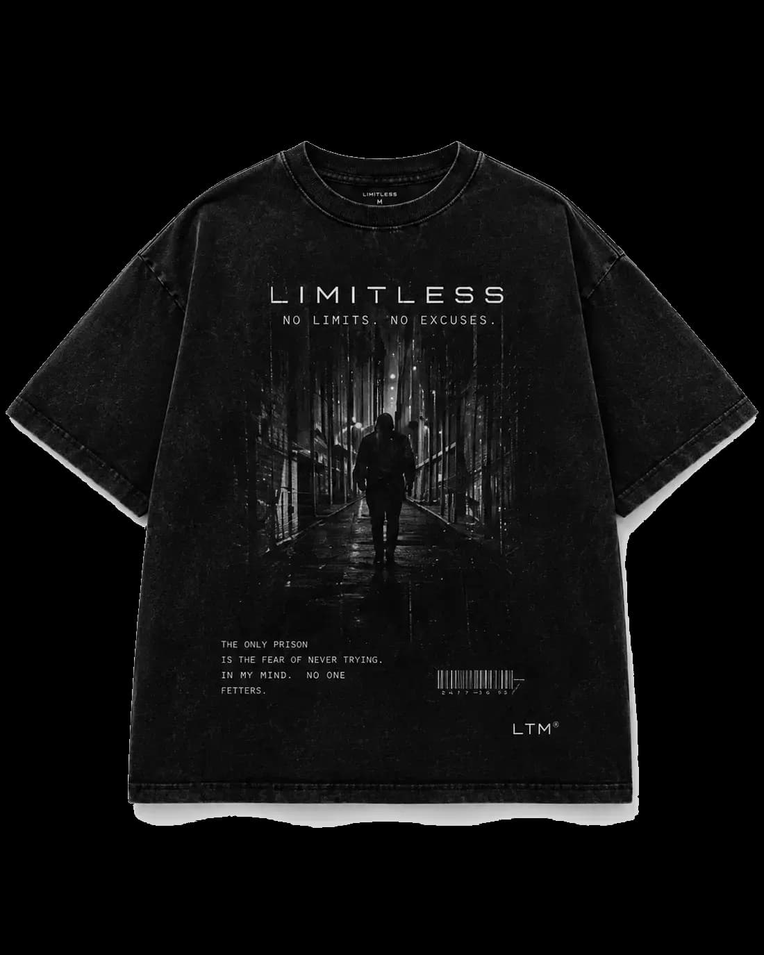 Тениска Limitless Inner Code — oversized washed black с принт на фигура в дъждовна алея