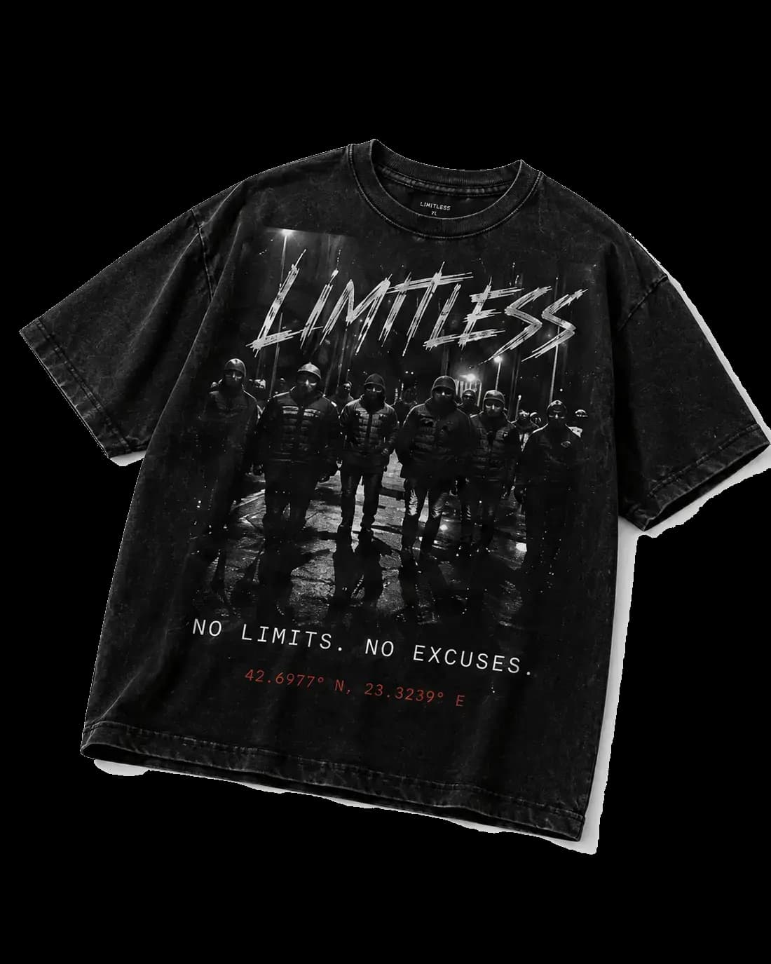 Тениска Limitless No Gods No Masters — oversized washed black с принт на тълпа