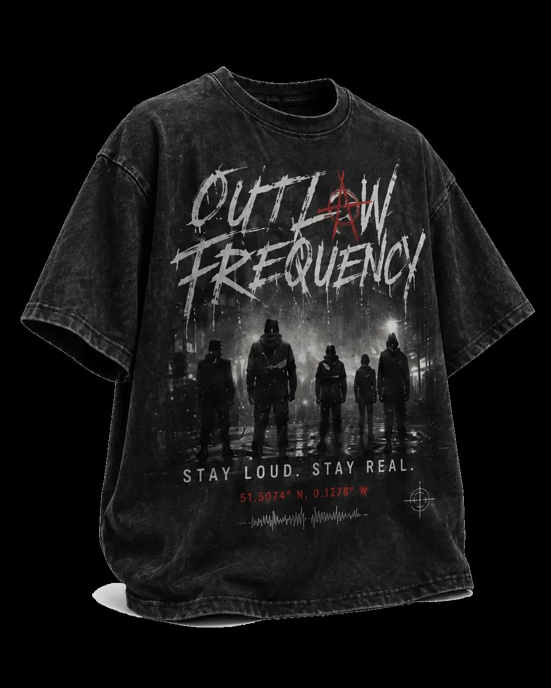 Тениска Limitless Outlaw Frequency — oversized washed black с принт на качулати силуети