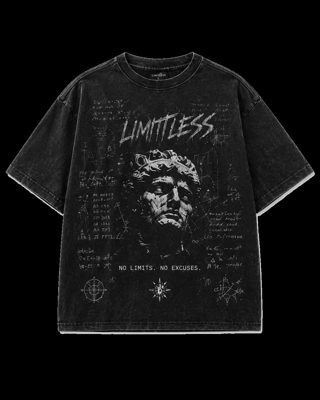 Тениска Limitless Relentless Mind — oversized washed black с принт на антична маска и формули